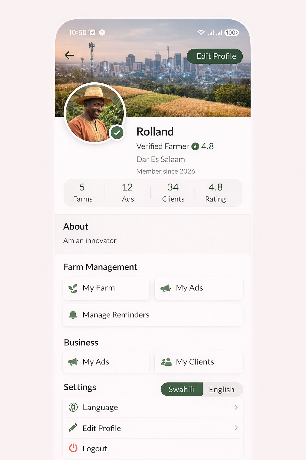AgriLink user profile feature
